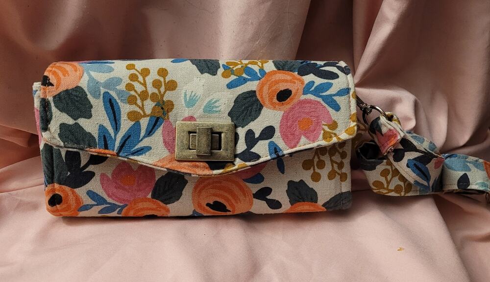 Pink and Orange Rose Floral Pattern Clutch Wallet with Crossbody Strap